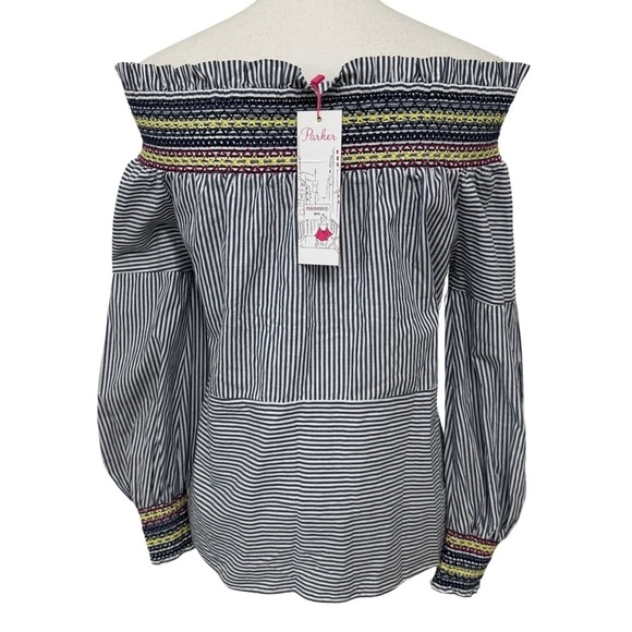 Parker Emmanuelle Smocked Striped Top Blue And White Top Size XS NEW WITH TAGS - Picture 8 of 9